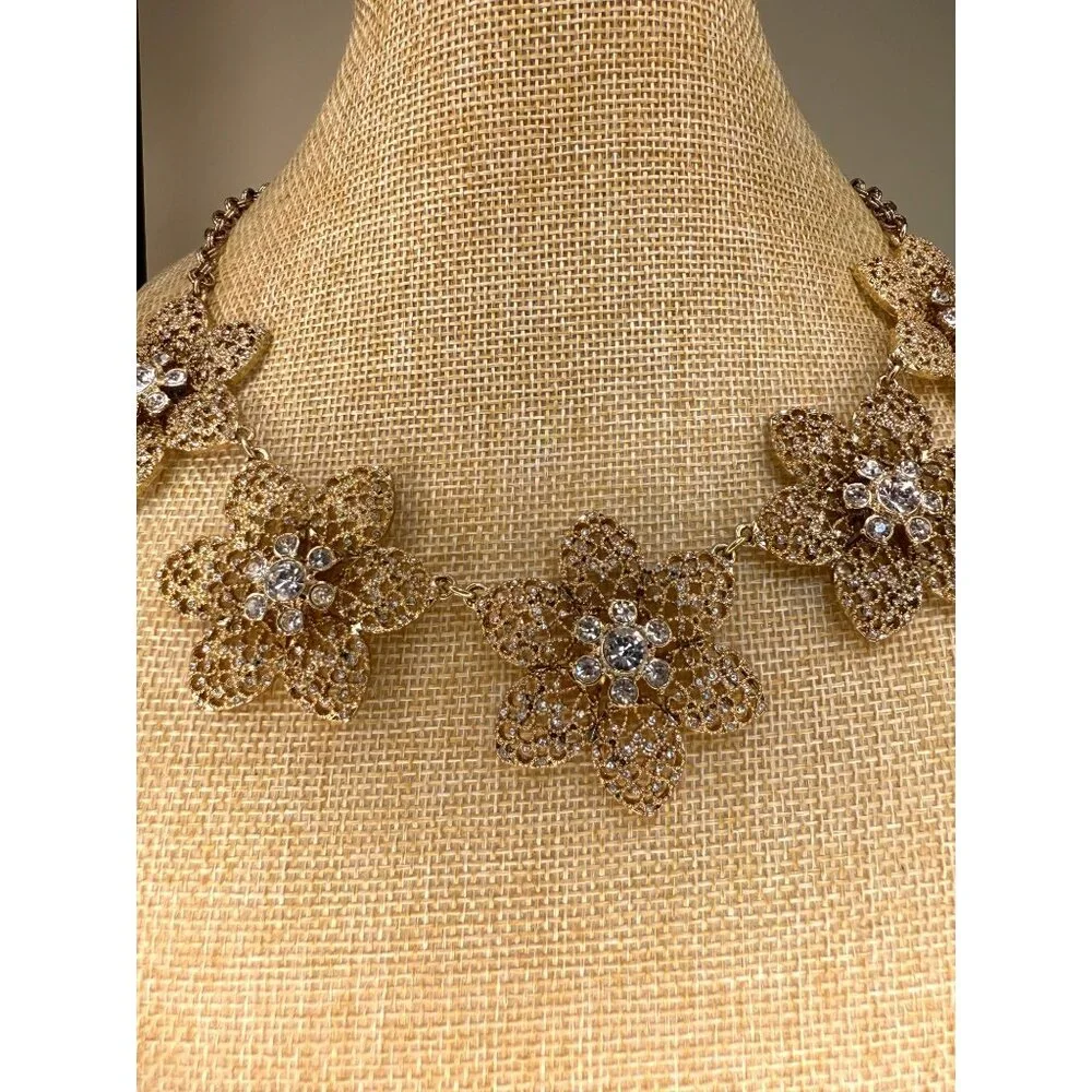 Ann Taylor Gold-Tone Floral Statement Necklace With Crystal Accents Adjustable C - Picture 2 of 11